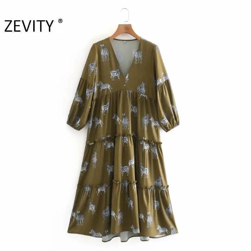 Zevity Kobiety Moda V Neck Zwierząt Druku Pleat Ruffles Casual Midi Sukienka Kobieta Trzy Czwarty Rękaw Chic Vestido DS4623 210603