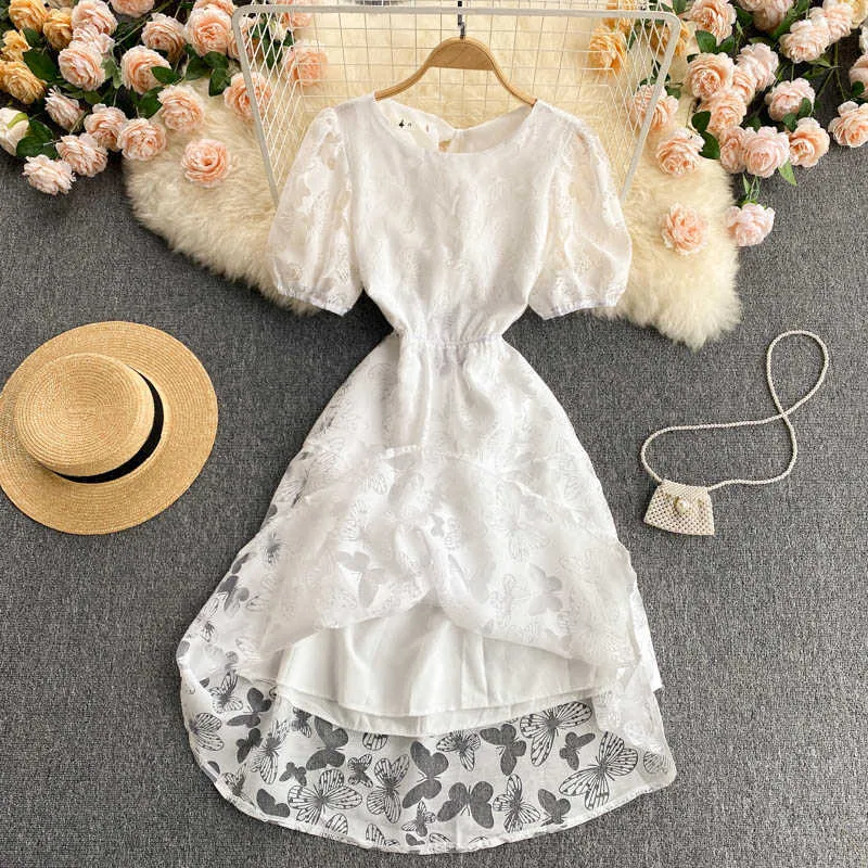 Corte delle donne di modo di estate girocollo Hollow Back vita alta sottile manica corta principessa bianco A-line Dress Vestidos S661 210527