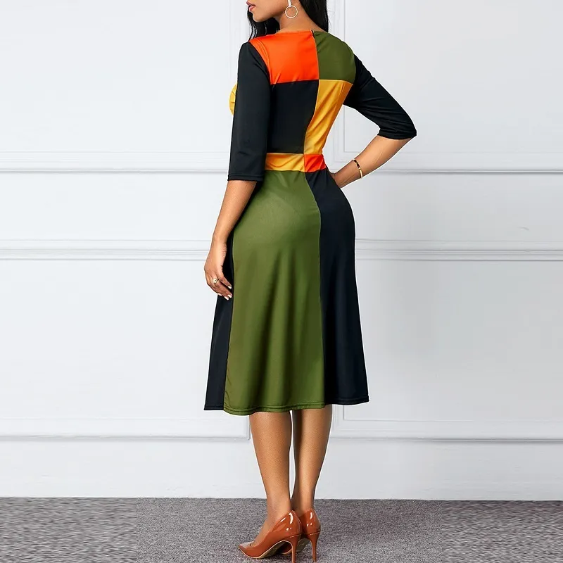 大型サイズS-5XL夏の女性のドレス3四半期の袖の幾何学的ステッチOネックローブフェムメvestido de mujer x0521