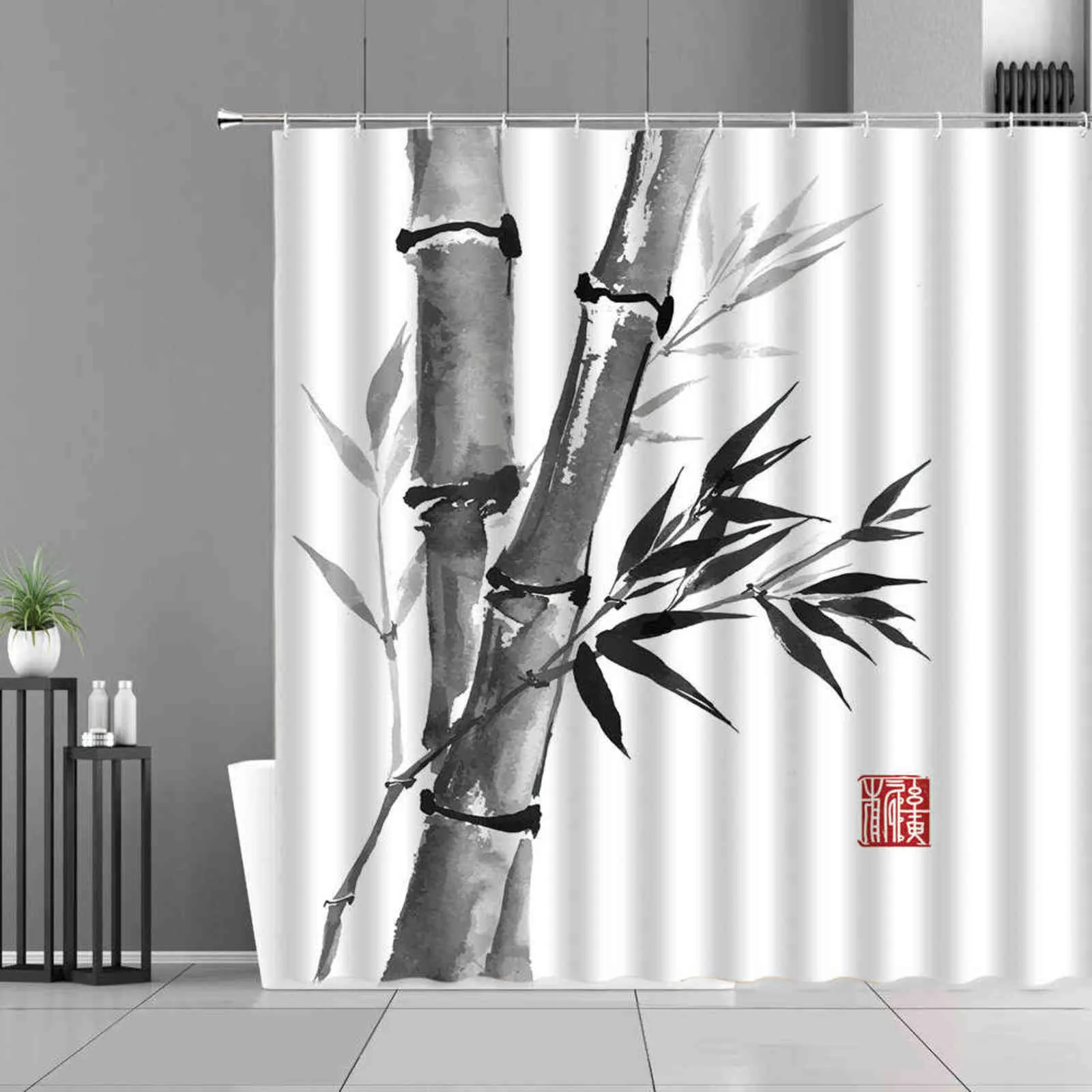 Tuschemalerei Bambusblätter Vogel Duschvorhänge Berg Wasser Pflanze Landschaft Wasserdicht Badezimmer Vorhang Chinesische Wohnkultur 211116