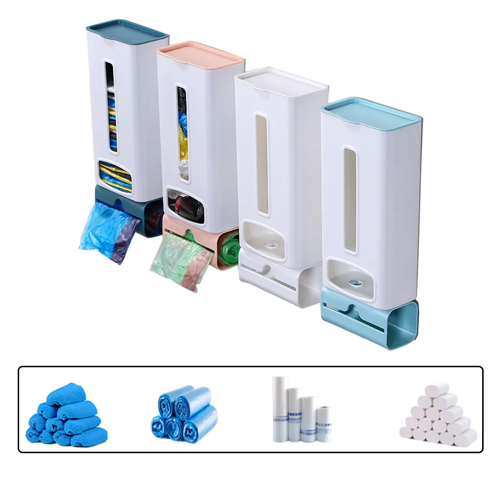 Caja de almacenamiento de bolsas de basura de plástico con tapa, estante de almacenamiento de toallas de papel montado en la pared, utensilios de almacenamiento de cocina y baño desmontables 210315