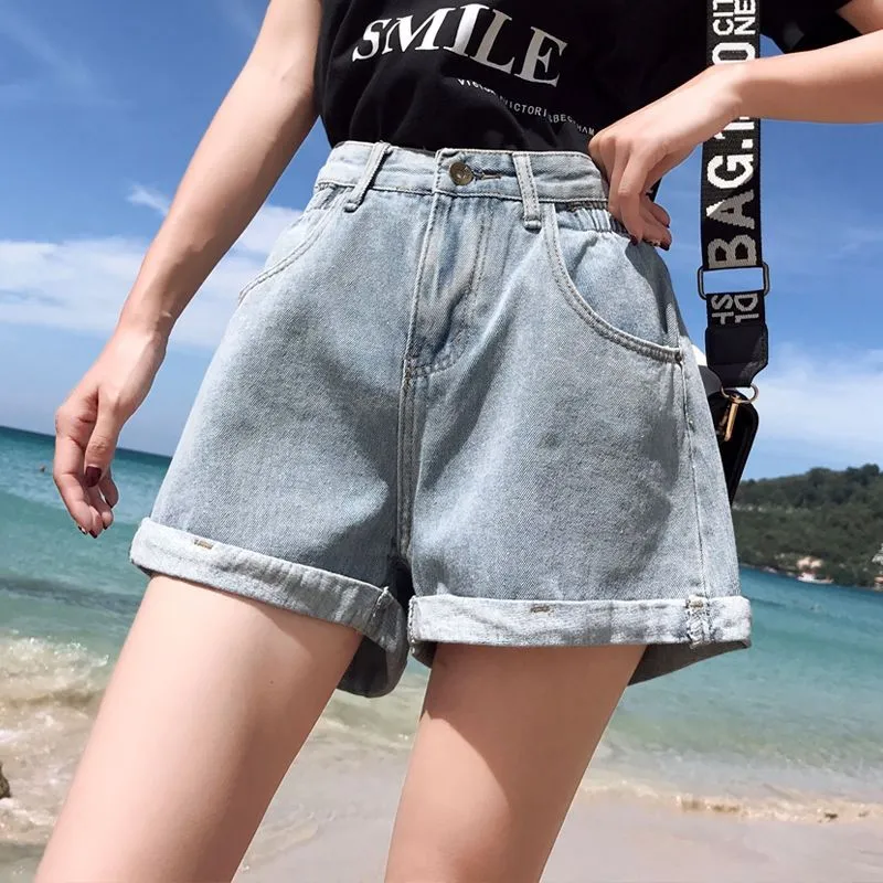 Sommar hög midja denim shorts kvinnor casual lossa damer mode rulla upp hem elastisk midja ficka blå grå jeans kvinna