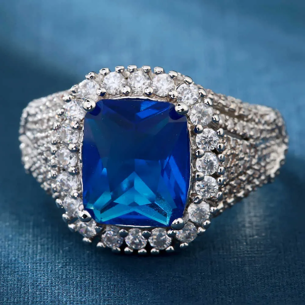 Full Micro Pave Cubic Zirconia Royal Blue Round Ringar Smycken Silver Färg Elegant Bröllop och Förlovningsringar För Kvinnor Bridal X0715