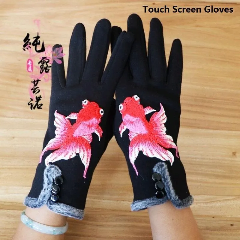 Cinq doigts gants main écran tactile broderie dessin animé pour femme hiver dames filles mitaines en plein air femmes rose