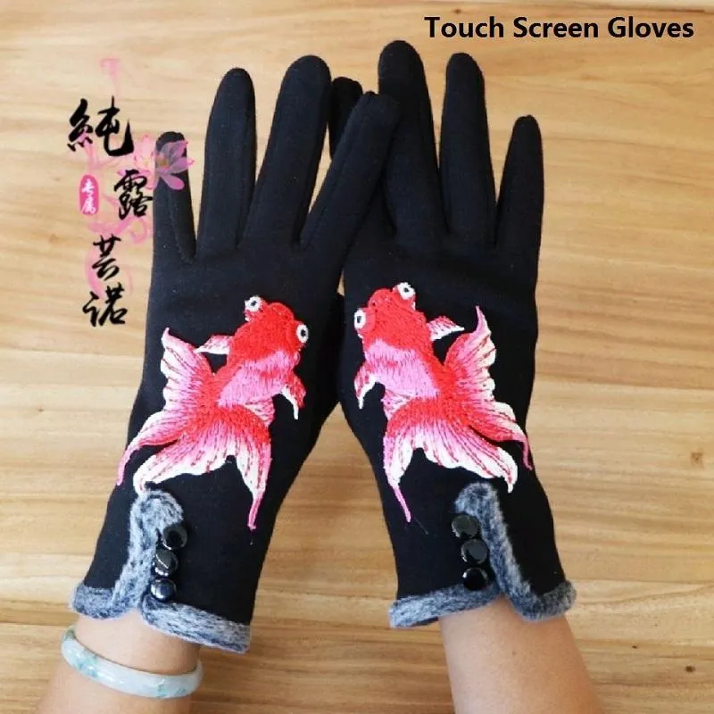 Fem fingrar handskar hand pekskärm broderi tecknad för kvinna vinter damer flickor utomhus metts kvinnor rosa
