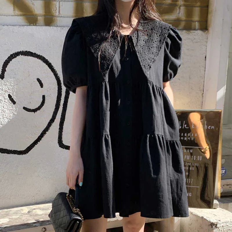 コレヒパアの女性のドレス夏の韓国のシックなレトロな中空パターン尖った襟シングルブレストパフスリーブ人形Vestido 210526