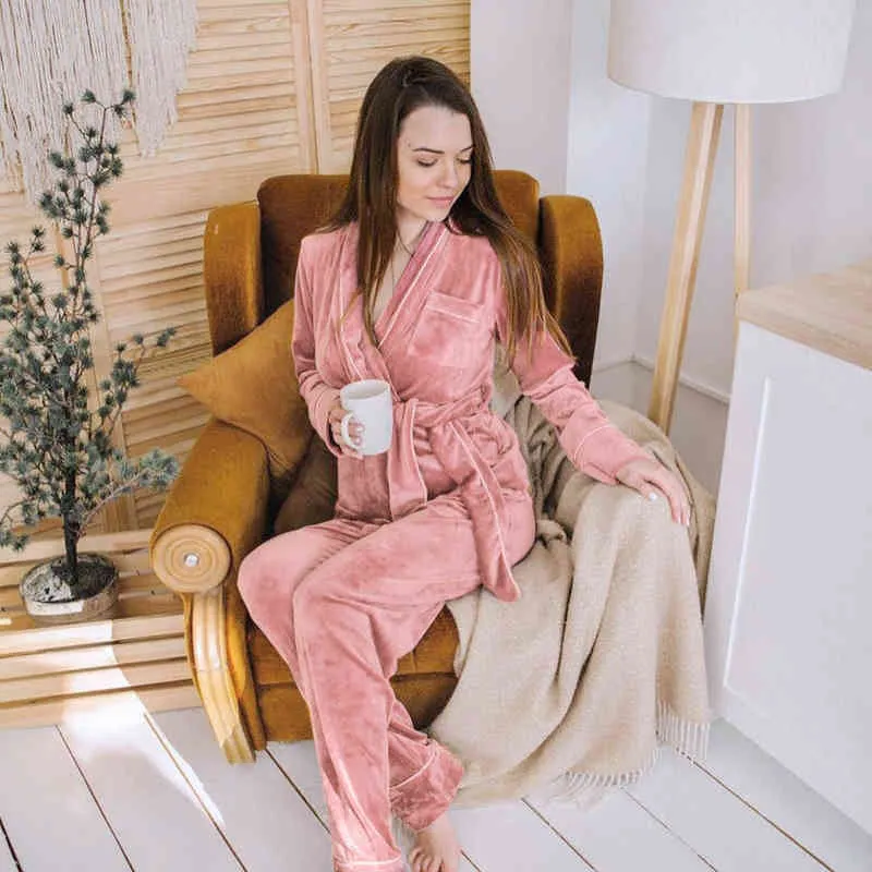 Fluwelen warme pyjama's voor vrouwen gewaden en broek Solid Pocket lange mouw dikke huiskleding herfst nacht pak winter casual 211211