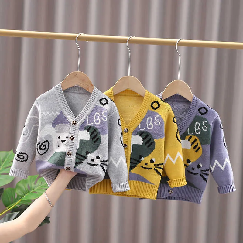 Bébé fille vêtements hiver Cardigan enfants garçons jaune chat pull hauts à manches longues décontracté enfants Pull Fille minuscules cotons Y1024