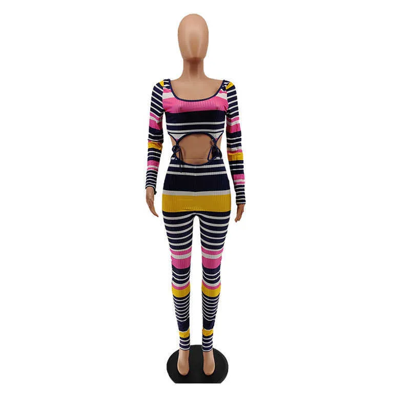 Två stycken uppsättning kvinnor Activewear Striped Print Crop Top Byxor Tracksuit Fitness Sexig nattklubb Outfits Partihandel Drop 210930