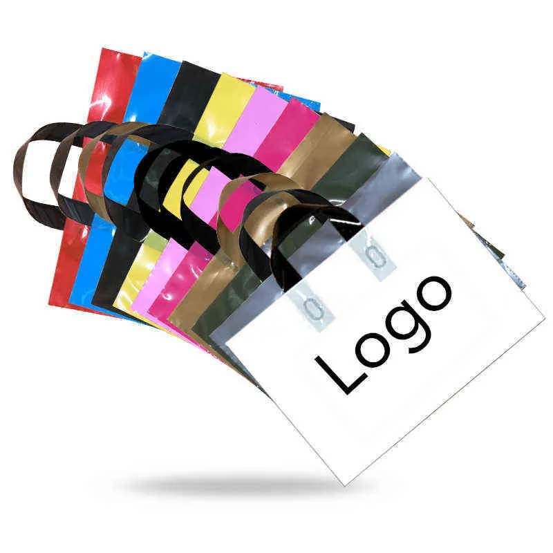 100 teile/los Kundenspezifische Kleidung Einkaufstaschen Mit Griff Kunststoff Geschenktüte Drucken Eine Farbe Auf Einer Seite Freies Design H1231