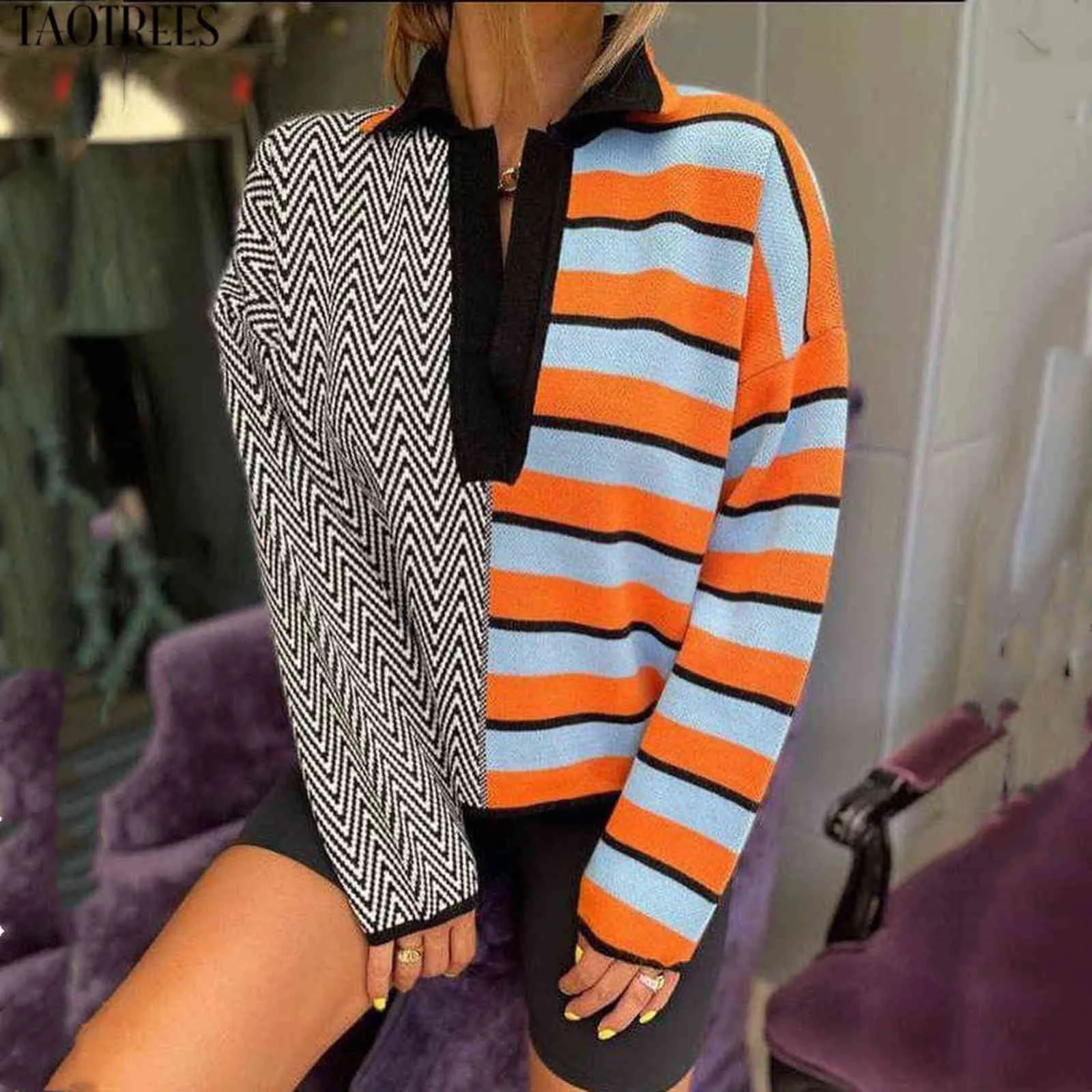 Taotrees Kvinnors Knitwear Stickad Långärmad Färgblock Pullover Striped And Wave Pattern Lapel Sweater Jumper 211103