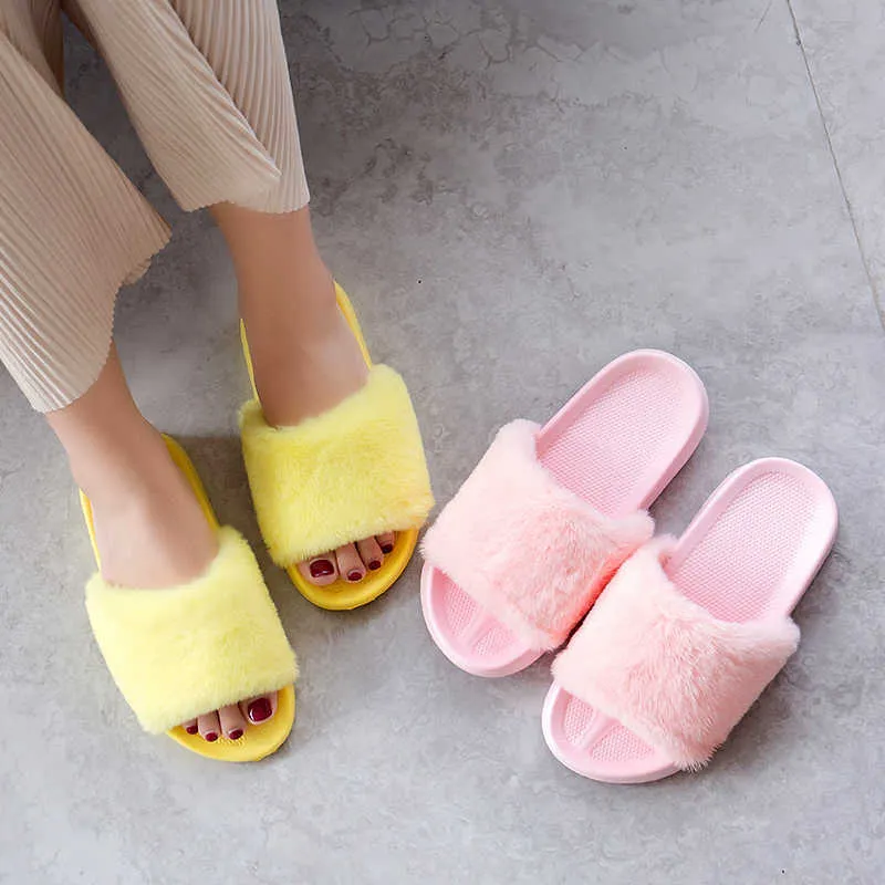 Varm glidlampa Lätt Mjukt Solid Ins Söt Hem Fur Slides Spring Rosa Furry Ladies Plattform Flat Skor Plush Kvinnor Tofflor Q0508