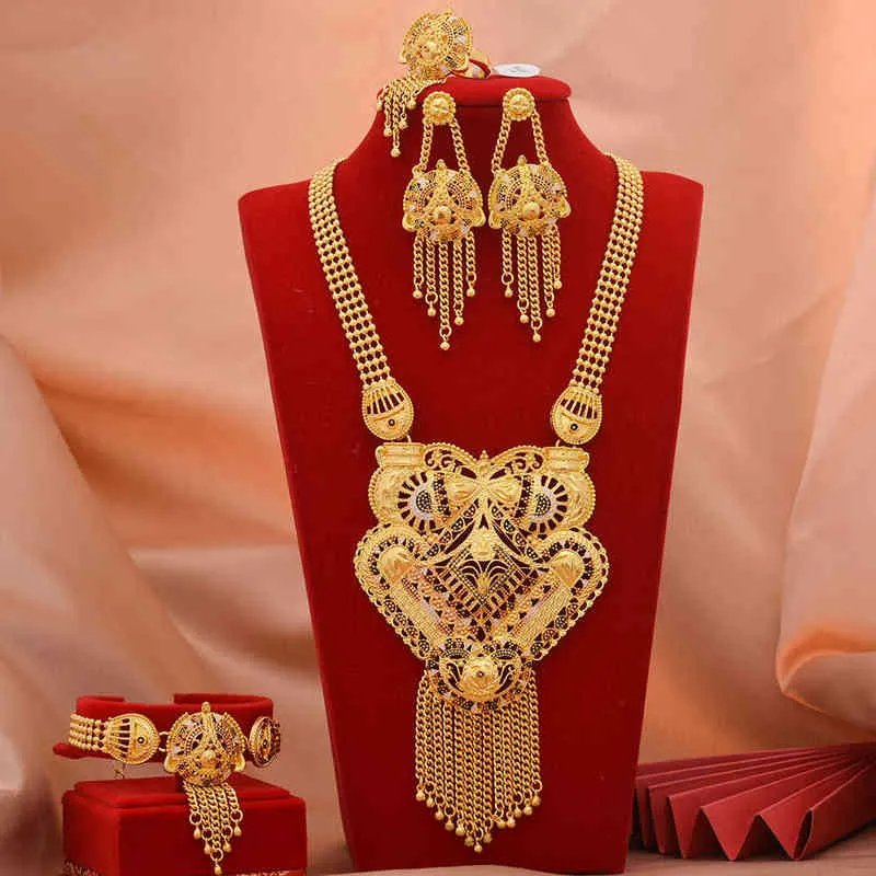 luxury 24K Dubai Jewelry sets Gold Color African Wedding gifts bridal bracelet necklace earrings ring jewellery set for women 21126449456