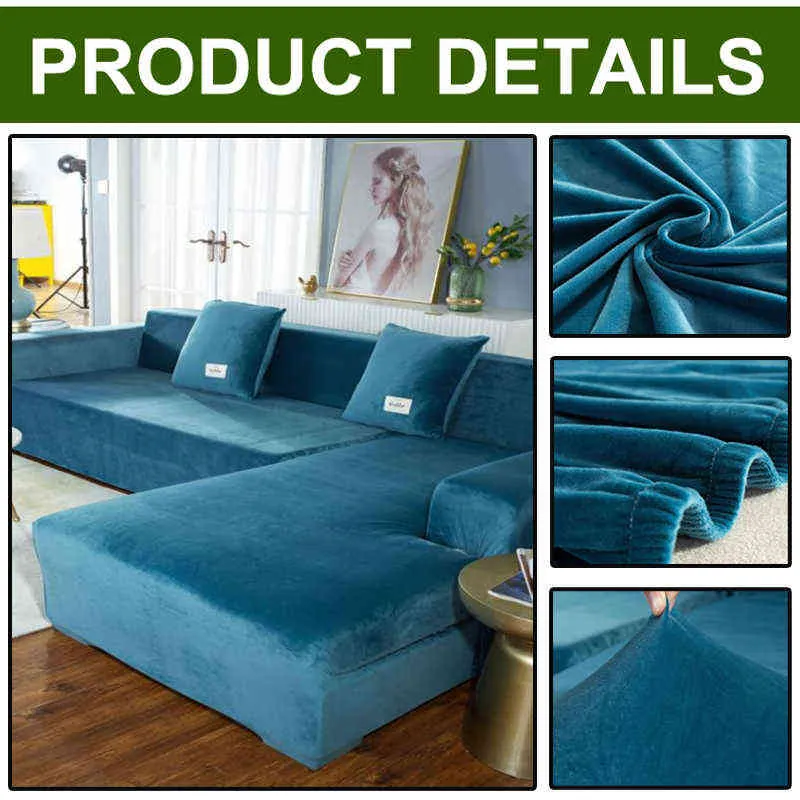 Velvet Peluche Angolo Cover Elastico Spessore L a forma di L soggiorno 1/2/3/4 Seater Couch Poltrona SlipCovers 211116