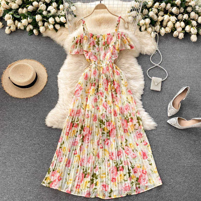 Bohemian Floral Pleated Long Dress Women Sexy Slash Neck Draped Spaghetti Strap Robe Kvinna Casual Chiffon Beach Vestidos Sommar Y0603