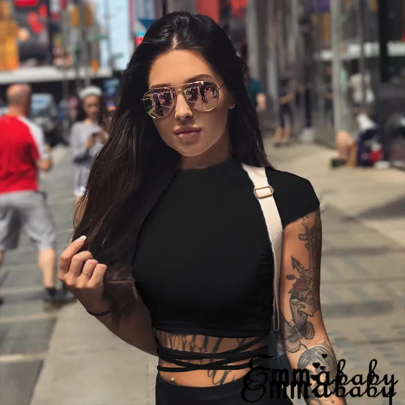 Summer Women Black Short T-Shirts Sexy Crop Tops Short Sleeve Bandage Tee Tops Female Shirts