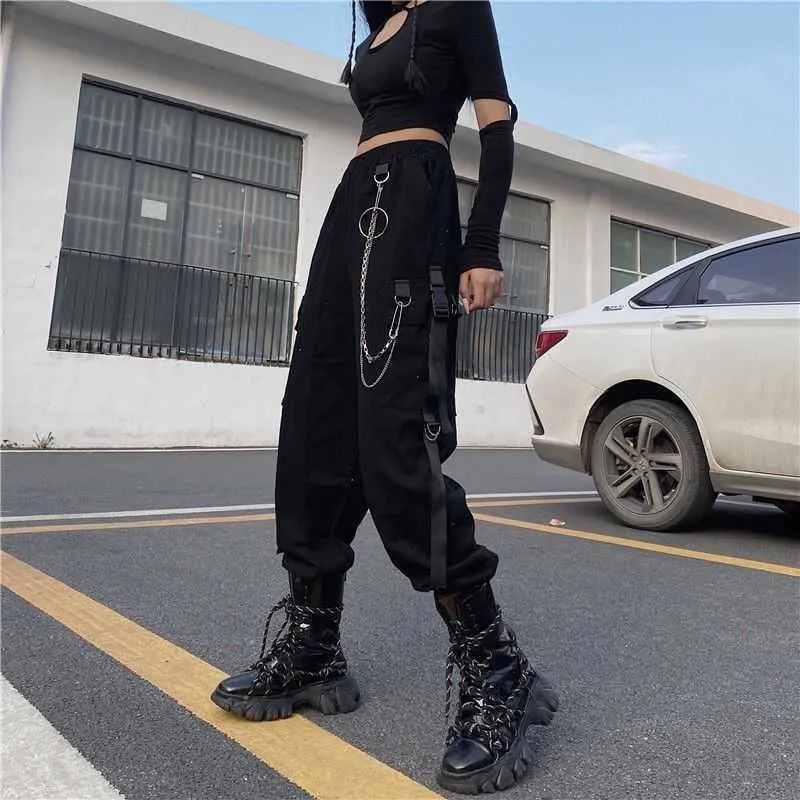 Houzhou Gótico Harajuku Corrente Preta Calças de Carga Mulheres Streetwear Estilo Coreano Harem Calças Goth Punk Plus Size Calças Q0801