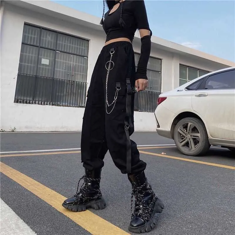 Houzhou Gothic Harajuku Zwarte Ketting Cargo Broek Dames Streetwear Koreaanse stijl Oversize Harembroek Goth Punk Plus Size Broeken Q0801