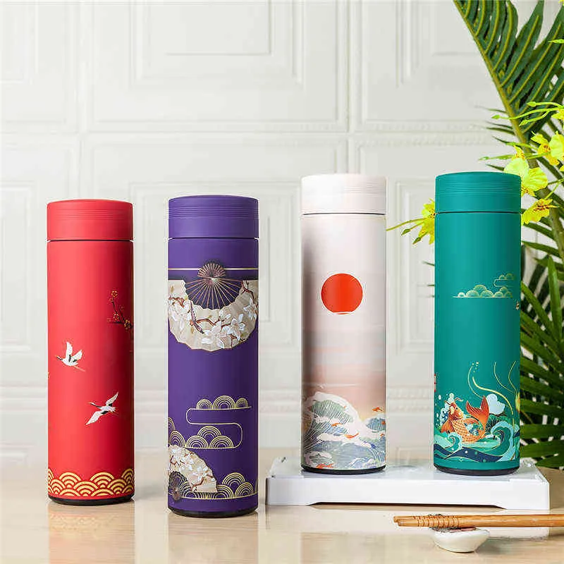 500ml Chinese Style Stainless Steel Vacuum Flask Water Bottle With Filter Insulated Thermos Coffee Mug Thermocup Travel Bottles 211109