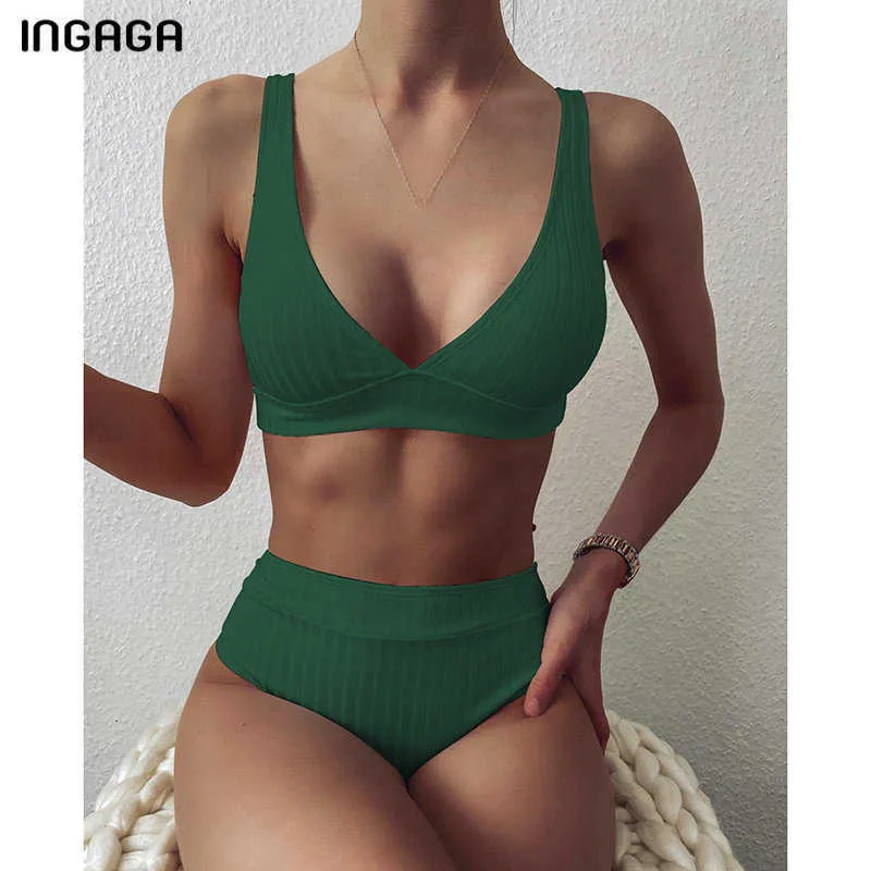 Ingaga Sexy Bikinis High Taille Maillots de bain Maillots de bain pour femmes Push Up Biquini Maillots de bain côtelés Noir V-Col Bikini Set 210702