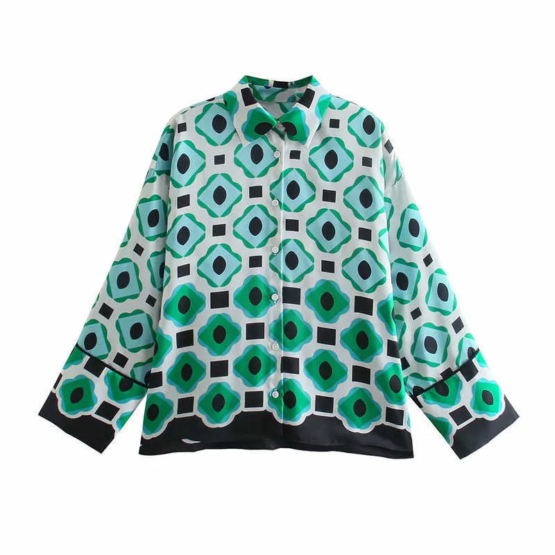 Za Geometric Print Green Shirt Women Long Sleeve Asymmetric Vintage Summer Shirts Female Chic Button Up Loose Top 210602