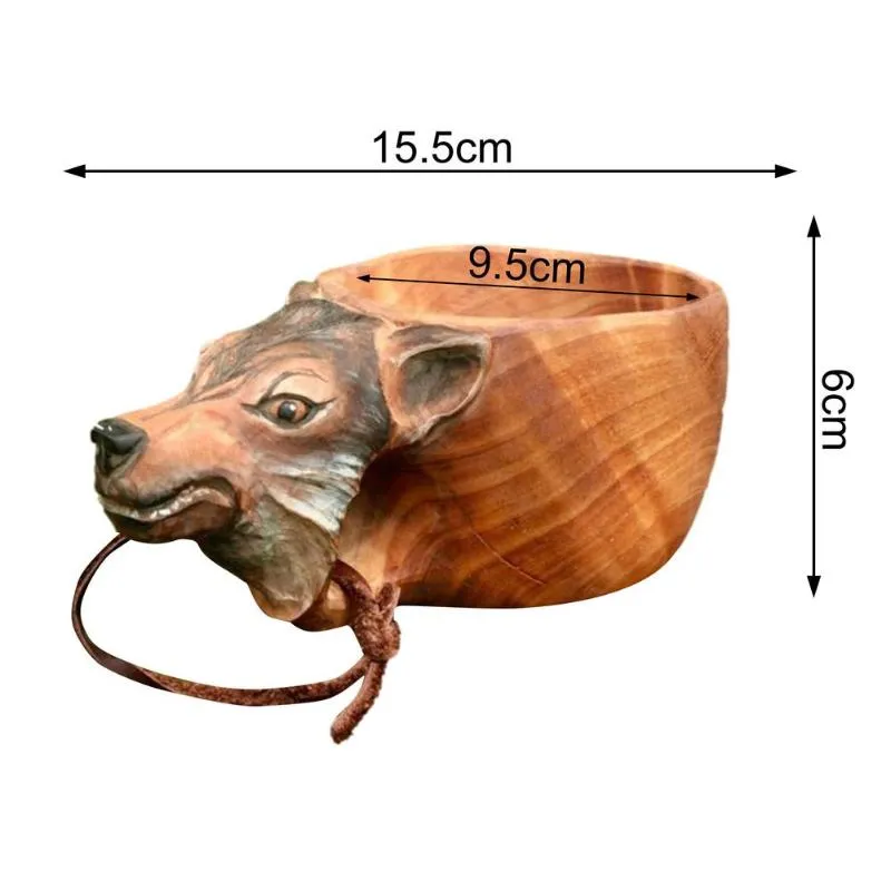 Tasses Kuksa Tasse en bois sculptée à la main Guksi Animaux Tête Image Tasse Forme animale Portable Camping Drinking2428