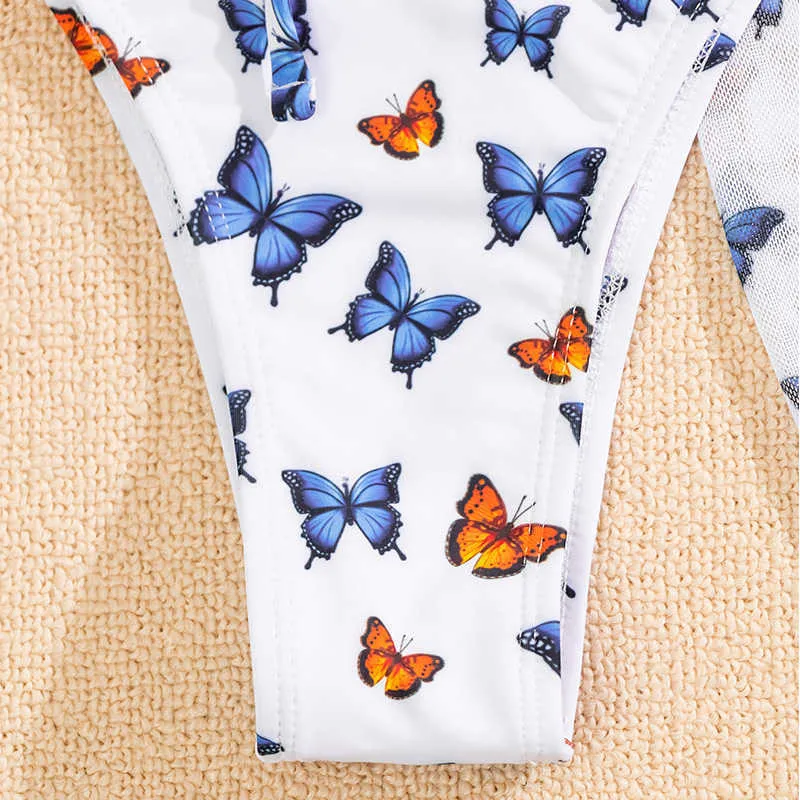 Sexy Schmetterlingsdruck-Bikini-Set 3-teiliger Mesh-Rock-Badeanzug Hoch geschnittene Badebekleidung Frauen String-Badeanzug Halter Micro Biquini New Y0820