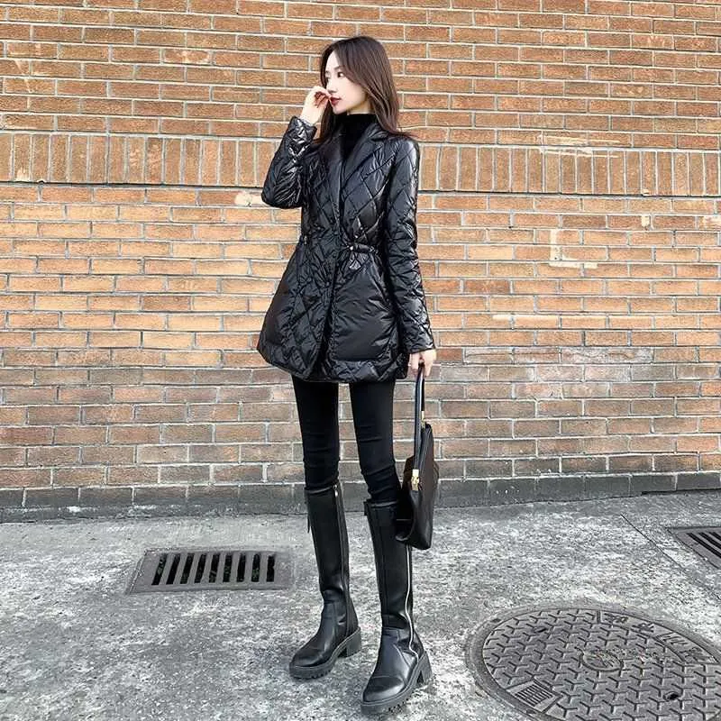 S-3XL Höst Vinter Kvinna Outwear Long Coat Notched Collar Slim A-Line Black With Fockets Fashion Parka Plus Size 211013