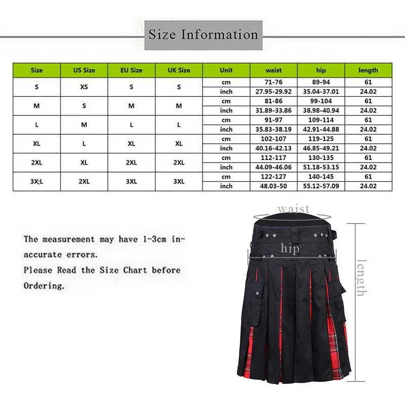 2021 Hommes Taille Jupe décontractée Pantalon Solide Plaid Punk Hip-Hop Avant Garde Hommes Mode Ecosse Pantalon Scottish Kilt X0628