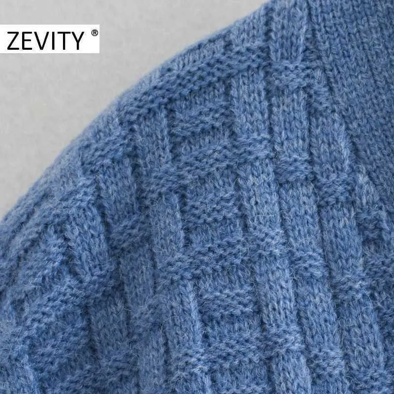 Zevity mujeres vintage cuello pico textura patrón casual tejer suéter chic femme manga larga breasted cardigan retro tops S405 210603