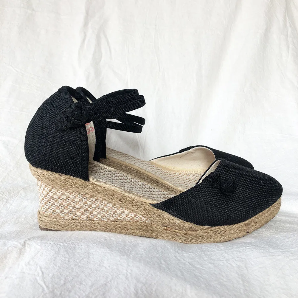 Veowalk Vintage femmes sandales décontracté toile de lin sandales compensées été bride à la cheville 6 cm Med talon plate-forme pompe espadrilles chaussures 210310