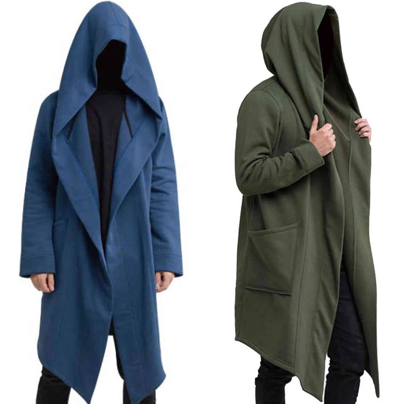 Mens Robe Hooded Cloak Winter Fashion Loose Pocket Warmer Coat Long Sleeve Casual Comfy Warm Outwear Y1106