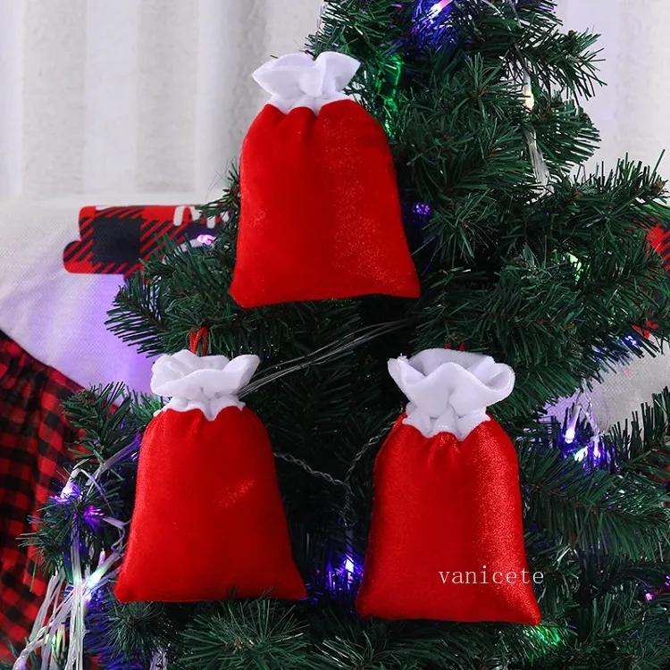 10 * 15 cm Joyeux Noël Rouge Cadeau Sac Solide Couleur Santa Sack Cordon Sac À Main Arbre De Noël Bonbons Emballage Sacs T2I52879