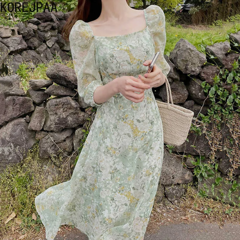Korejpaa Women Dress Summer Korea Chic Gentle Elegant Square Collar Print Repair Height Waist Oil Paint Floral Long Dresses 210526