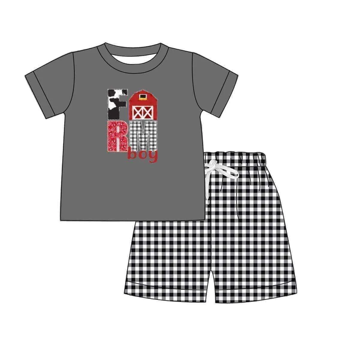 Vêtements d'été Haut à manches courtes noir et short à carreaux noirs Motif de broderie de ferme rouge Vêtements pour garçons X0802