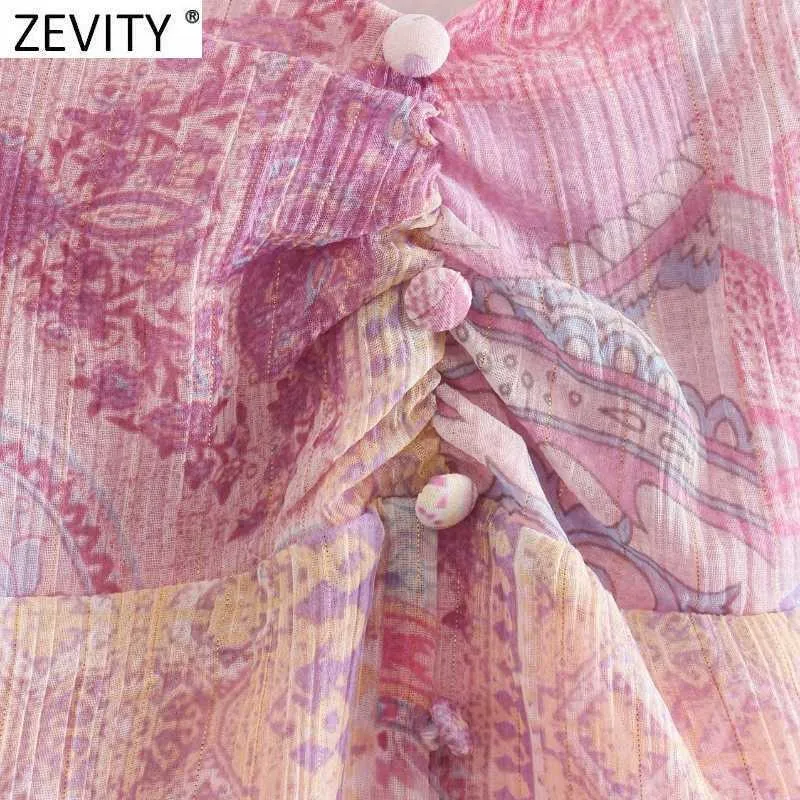 Zevity Femmes Vintage Paisley Imprimé Floral Hem Ourk Pliante Robe Sling Robe Boho Femme Chic Back Back Élastique Midi Vestido DS8247 210603
