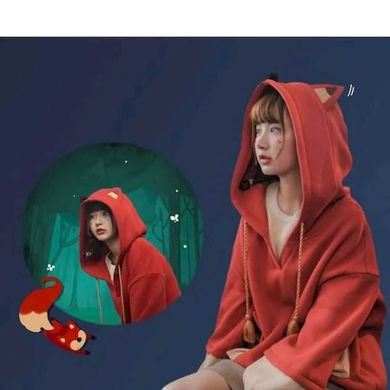 Sweat à capuche japonais rouge sweat à capuche gothique surdimensionné vêtements coréens pour femmes hiver hauts pull à manches longues preppy 210526