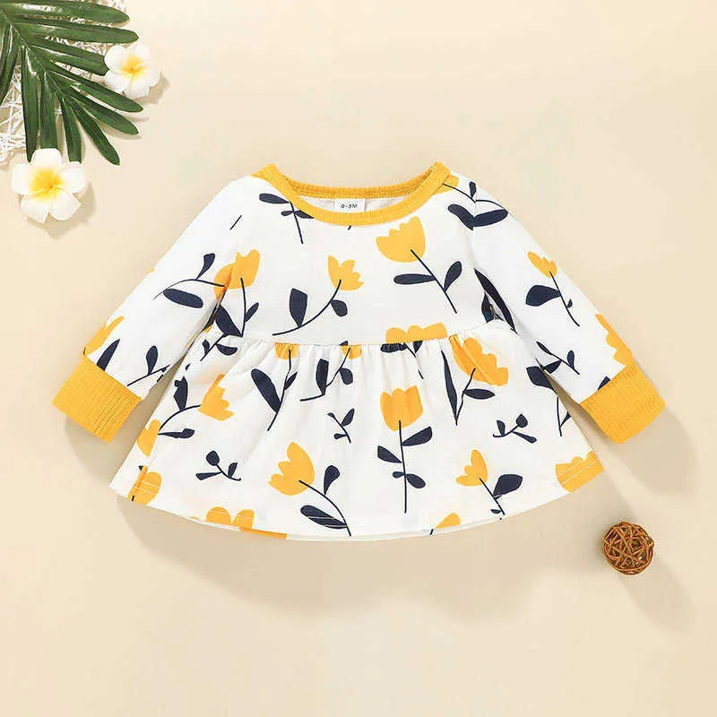 Conjuntos para niños de invierno Manga larga O Cuello Estampado floral Vestido amarillo Pantalones sólidos Lindo 2 unids Niñas Ropa para niños 0-2T 210629