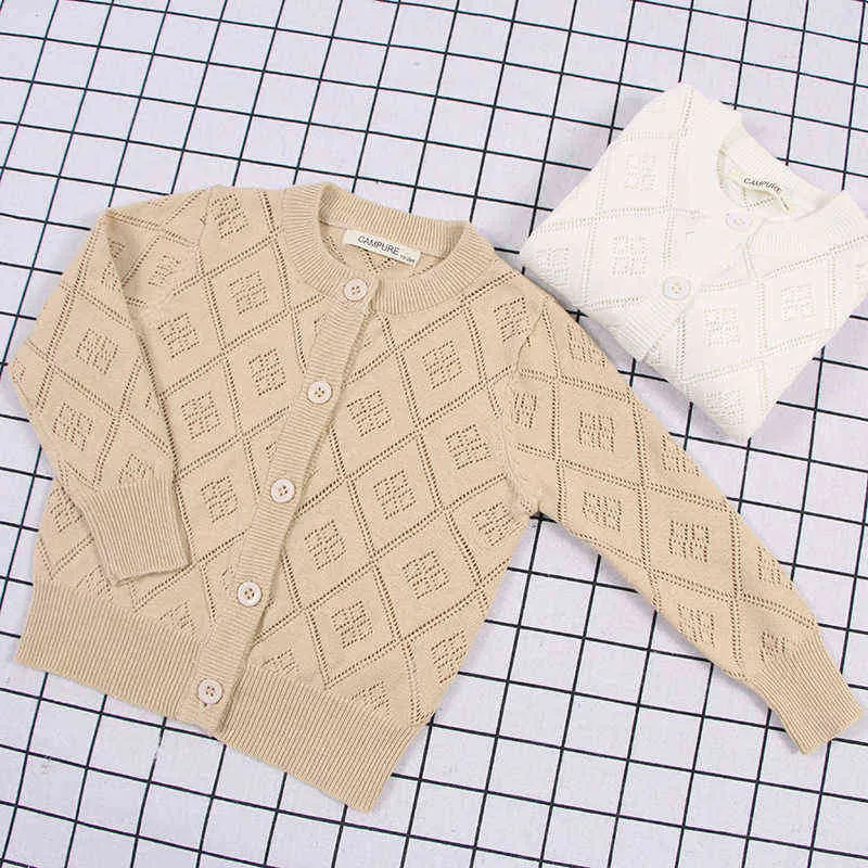 Maglione bambini Autunno Inverno Cardigan lavorato a maglia in cotone Hollow-Out Lattice Baby Top Jacket 1-6Y Retro 211104