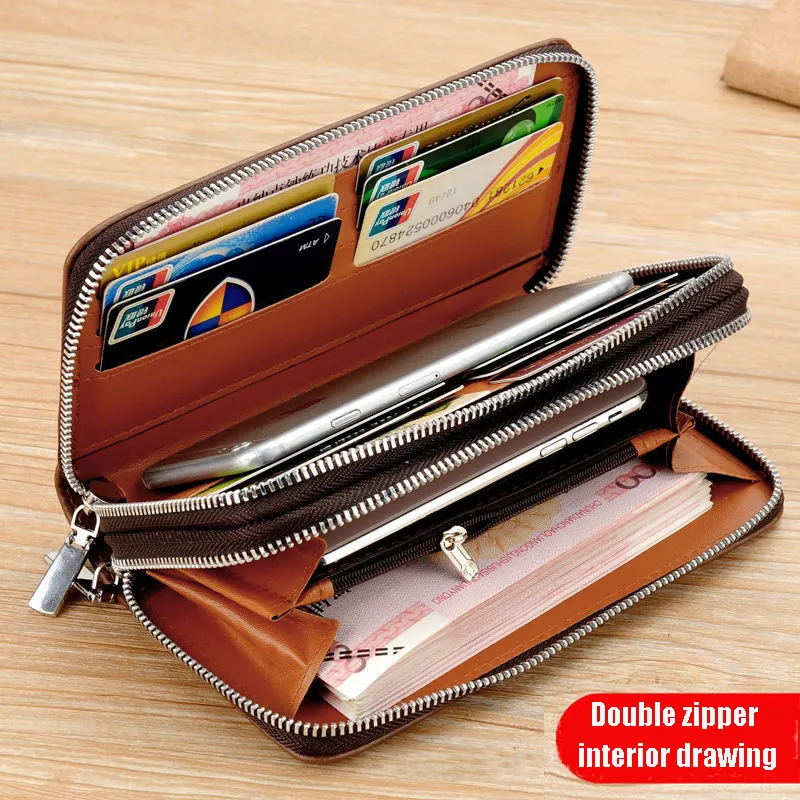 Men's Leather Wallet Large Capacity Double Zipper Men Clutch Bag Male Business Wallet