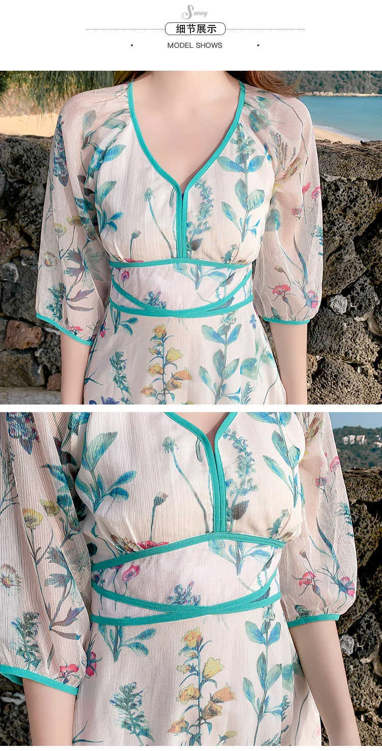 YOSIMI Frauen Langes Kleid Sommer Grün Blumendruck Chiffon Vintage V-Ausschnitt Mittelkalb A-Linie Kurzarm Partykleider Elegant 210604
