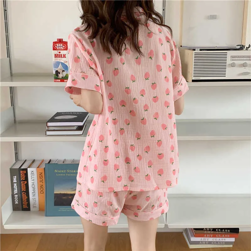 Coréen tout match filles vêtements de nuit lin coton Femme Chic lâche impression Homewear deux pièces pyjamas ensembles 210525