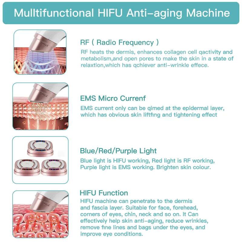 Mini HIFU Maszyna Ultrasound RF EMS MicroCurrent LED LED Light Leapting Face Dokręcanie Anti Wrinkle Pielęgnacja skóry Produkt 220224