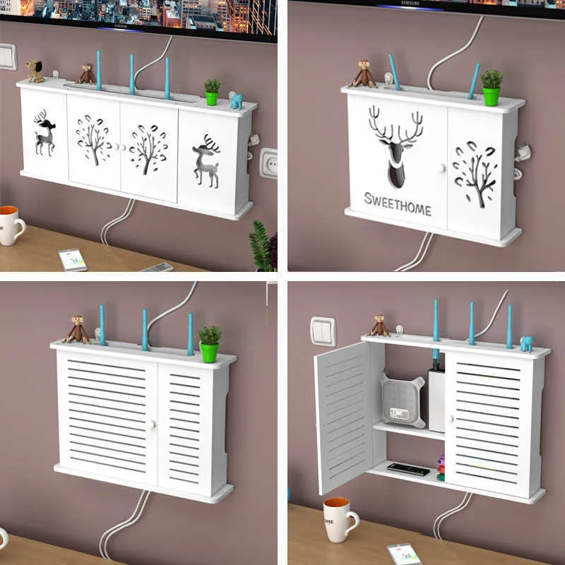 Trådlös WiFi Router Förvaringslåda PVC Panel Hylla vägg Hängande Plug Punch Free Board Bracket Kabel Organizer Heminredning 210922