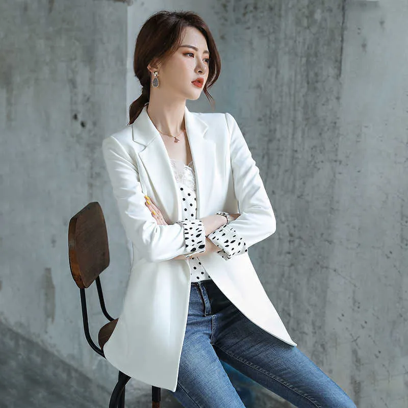 Temperament ladies solid color jacket high quality Autumn casual loose buttonless white blazer medium long suit female 210527