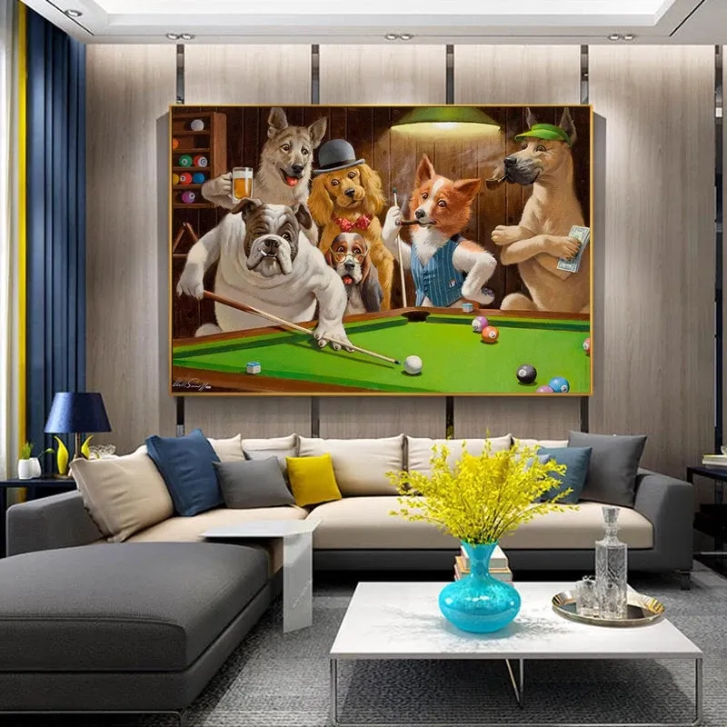 Engraçado animal cartaz anime cartoon animal de estimação cães de estimação tocando bolas de lona pintura de tela moderna arte da parede para sala de estar decoração de casa