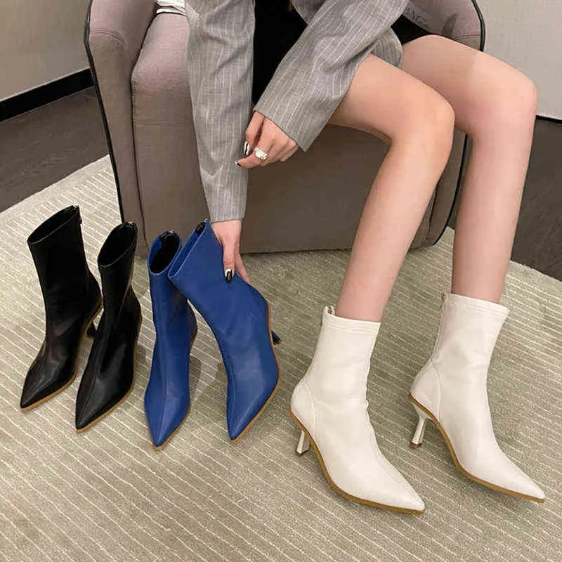 2021 New Winter Luxury Women Blue White High Heels Ankle Boots Soft Leather Zippers Stiletto Short Boots Pointed Toe Party Shoes Y1209