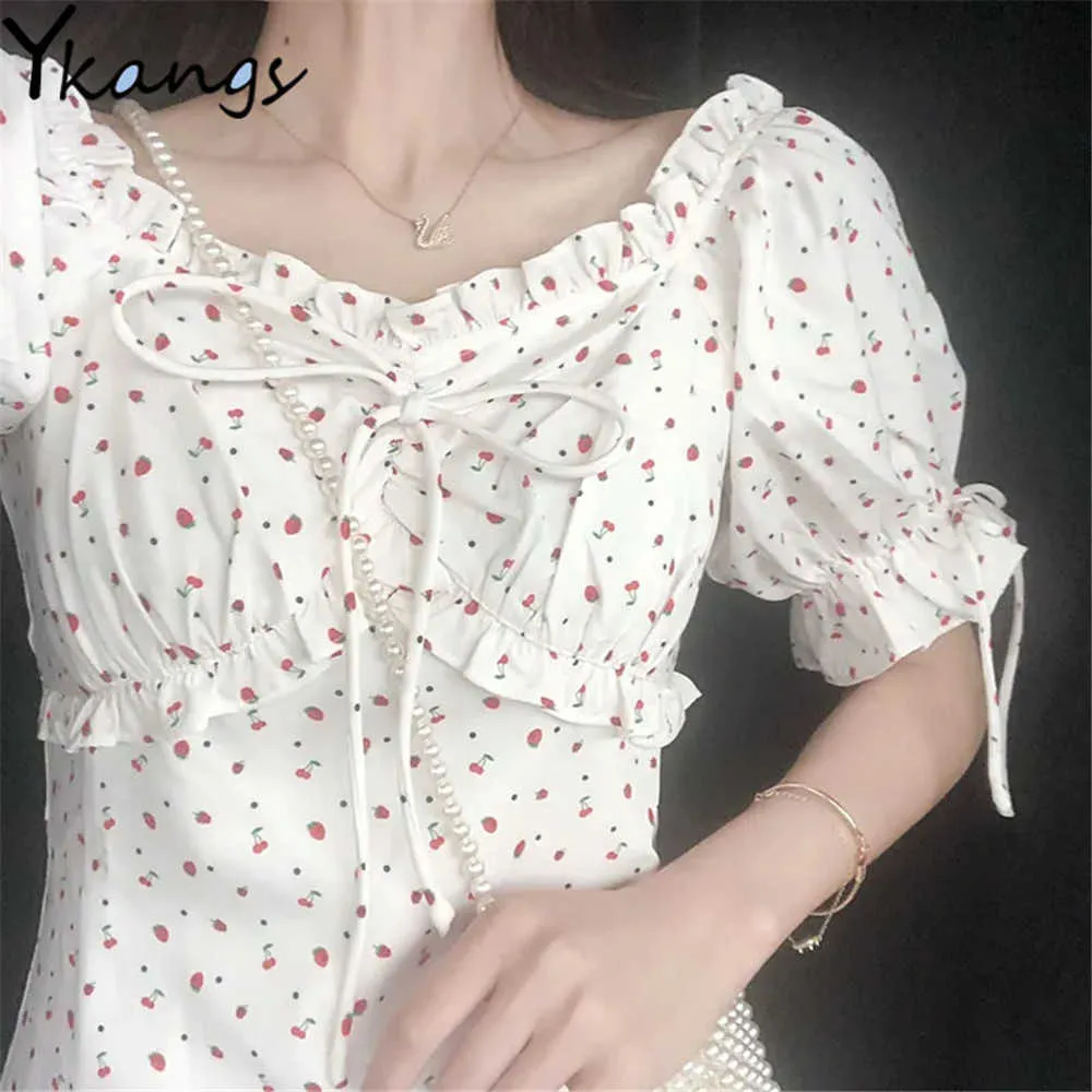 White Casual Floral Ruffle Bow Women Dress Bandage Ruched Summer Mini Dress Office Puff Sleeve High Street Aline Ladies Dresses 210619