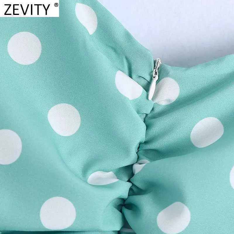 Zevity femmes Sexy col en V à pois imprimer plissé vert Mini robe femme Chic dos fermeture éclair mince fête Vestido DS5049 210603