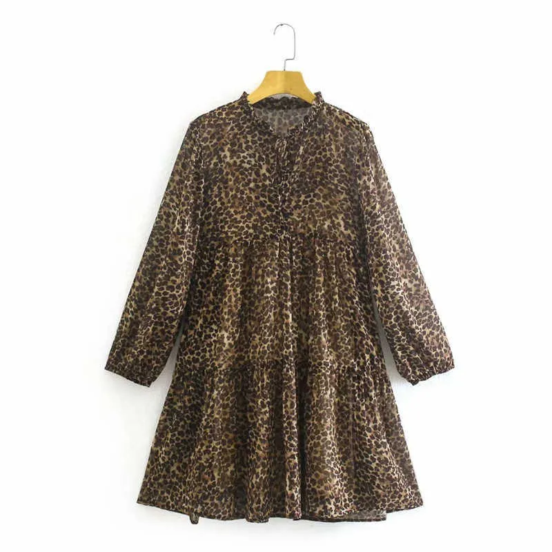 ZA Lato Drukuj Szyfonowa Mini Dress Kobiety Długie Rękaw Puff Regulowany Drawcord V Neck Leopard Suknie Vintage Vestisos 210602